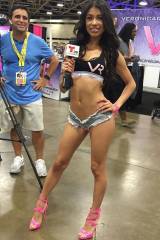 Veronica Rodriguez doing a TV interview, wearing very short shorts