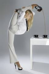 Contortionist Zlata pouring coffee