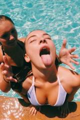 Tongue out getting out of the pool