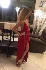 Tall, slim, long red dress