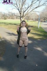 Japanese slut with body writing in the park.