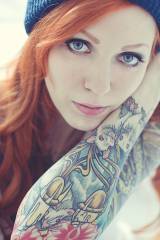 Cute Redhead with blue eyes and sleeves. Decent Wa...